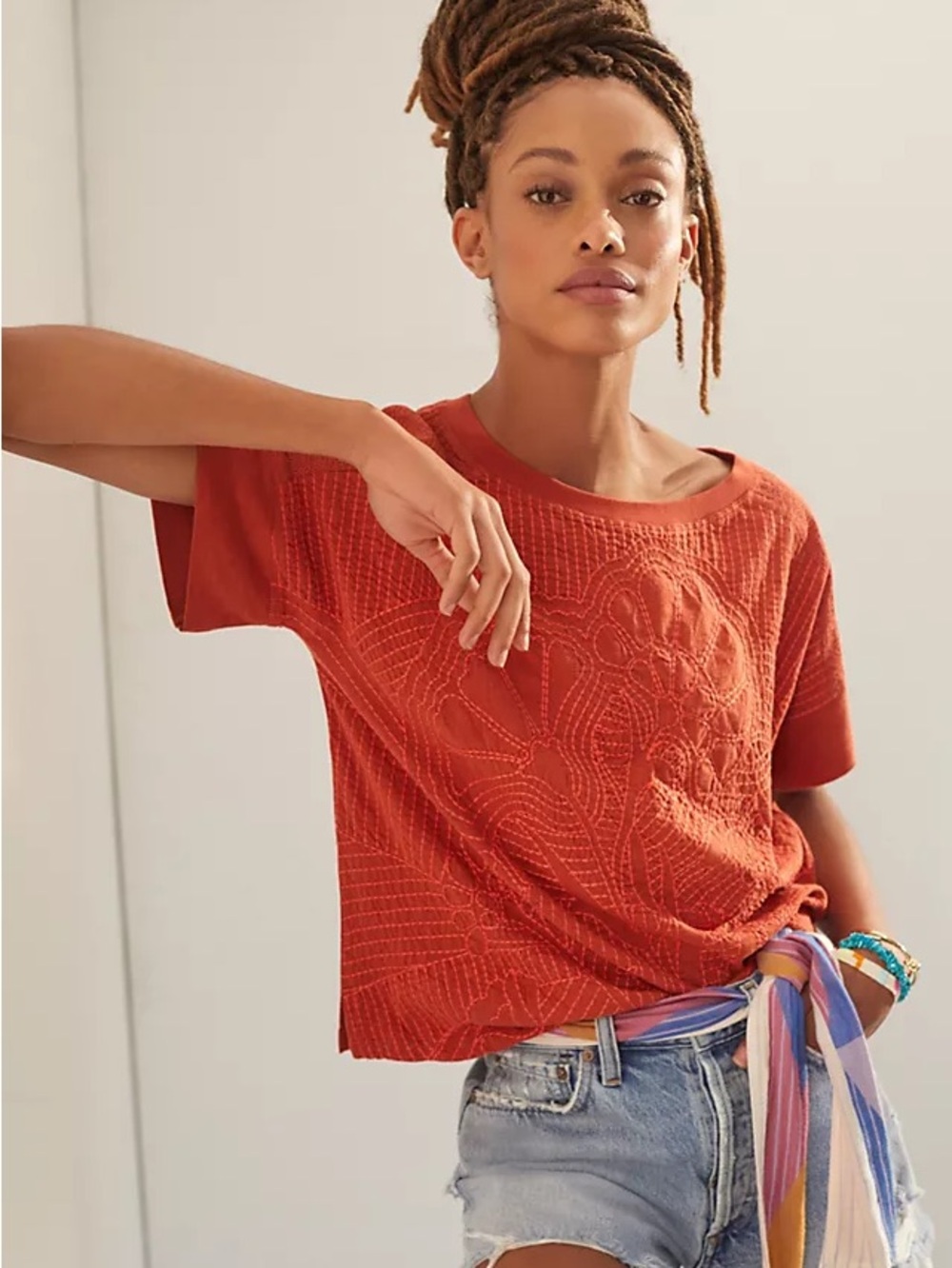 Nwot Anthropologie Rust Embroidered Short-Sleeve Tee